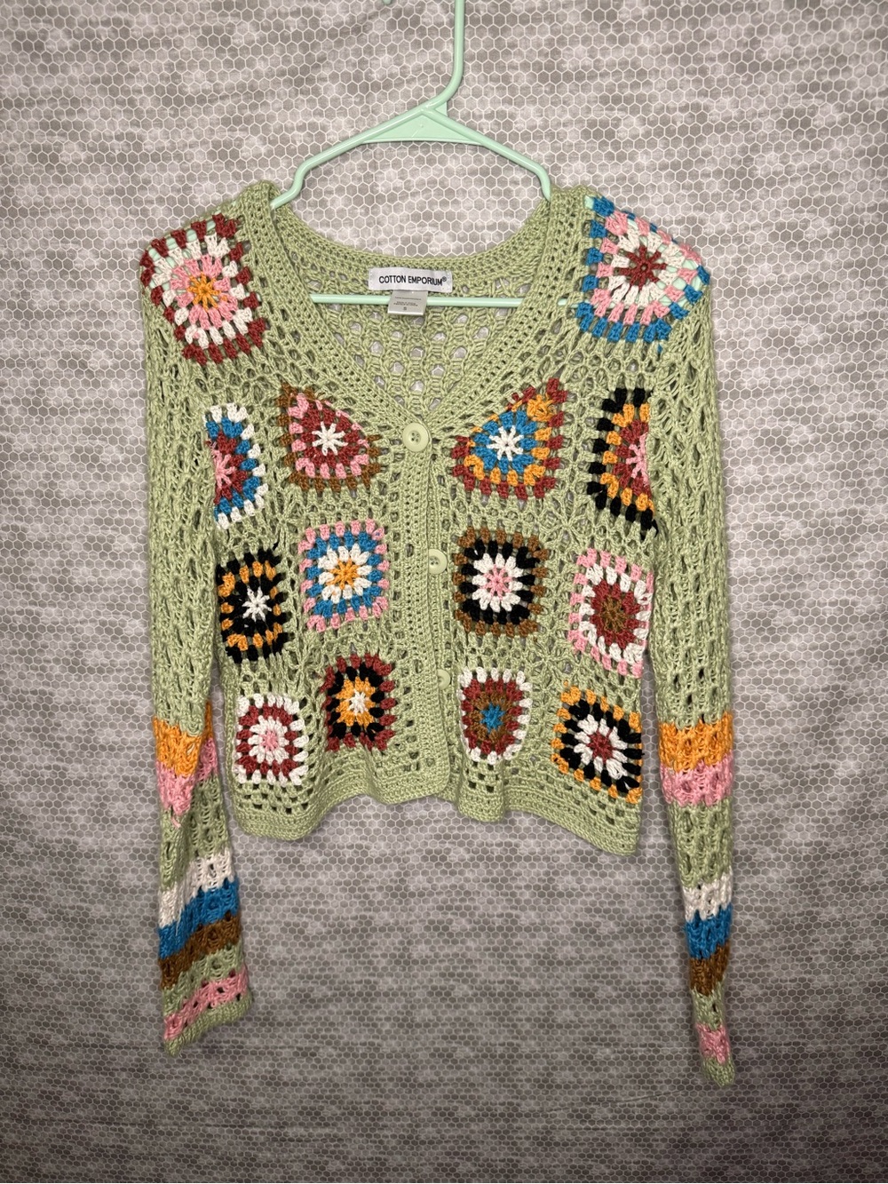Cotton Emporium Sage Crochet Granny Square Cardigan Sweater